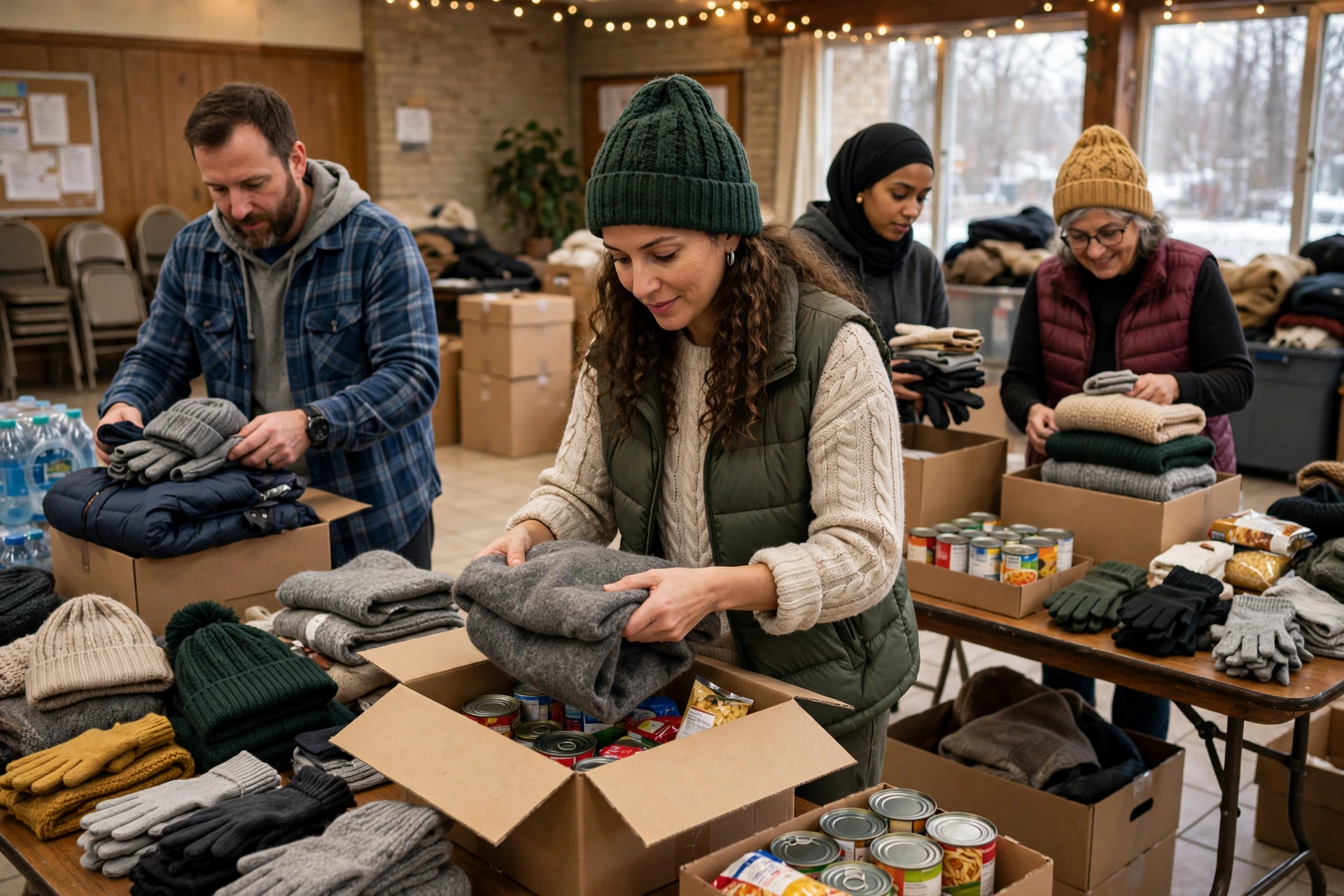 Volunteers packing food parcels and warm clothing for families ahead of winter