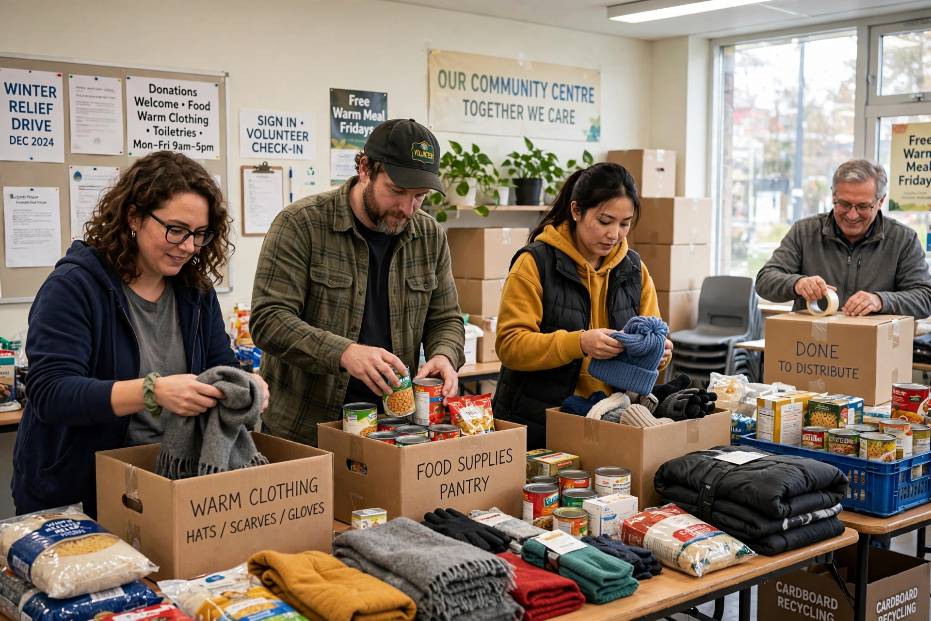 Volunteers packing boxes with food and warm clothing at a community centre