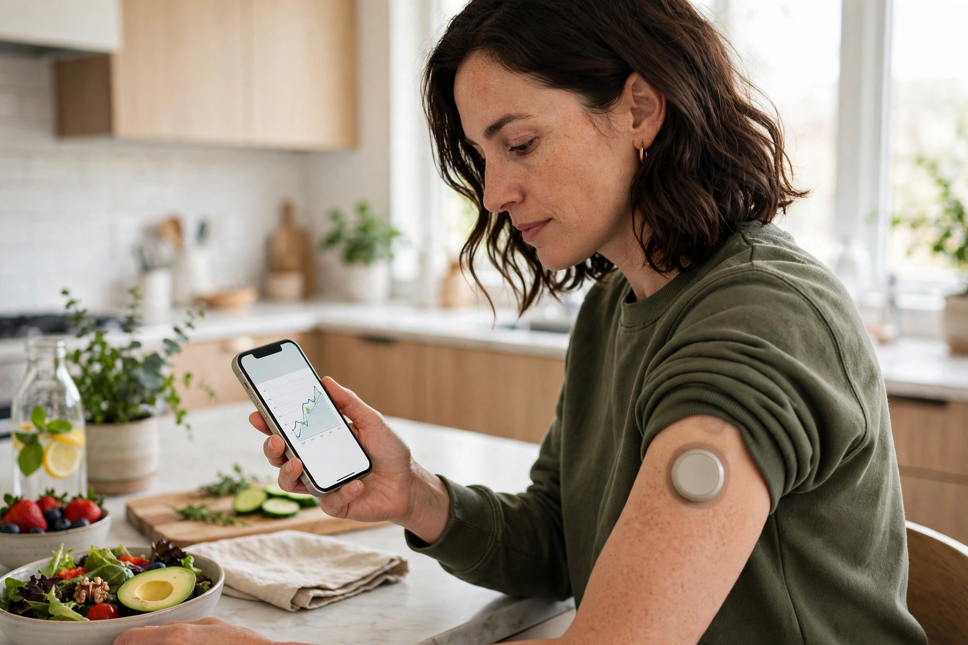 Person with type 2 diabetes wearing a continuous glucose monitor and checking readings on a smartphone