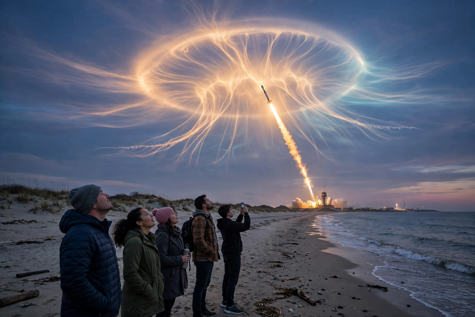 Rocket launch at dawn creating a glowing jellyfish-shaped cloud over the US east coast